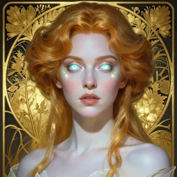 christina hendricks wearing a white periwinkle, sci fi, glowing eyes, volumetric lights, gold theme, art nouveau botanicals, intricate, highly detailed, digital painting, artstation, concept art, smooth, sharp focus, cinematic, illustration, beautiful face, art by artgerm and greg rutkowski and alphonse mucha