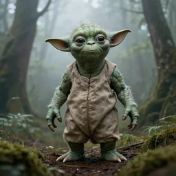 yoda with very long arms and legs standing in a forest with fog, realism, moody lighting