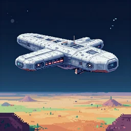 pixel art landscape of huge space ship flying over on an alien planet, sci - fi, two suns in the sky, sunset, strange rock formations, rolling hills, atmospheric, misty, artstation, deviantart