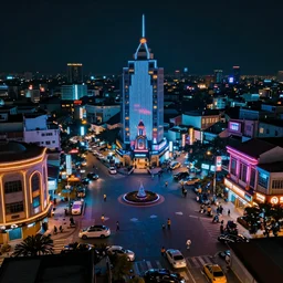 Cyberpunk town square, futuristic Phnom-Penh Cambodia, neon lighting