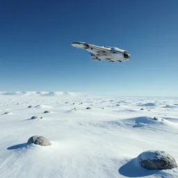 snow alien landscape of an unexplored world, cinematic lighting, cinematic angle, Syd Mead, Federico Pelat, daylight, blue sky, spaceship in the sky