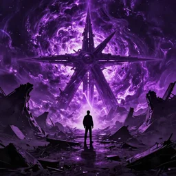 one small male silhouette standing in the ruins of crux prime, purple fiery maelstrom in the distance, digital art, artstationhq