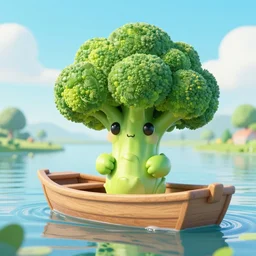a cute and friendly broccoli - creature with beautiful eyes on a boat on the river, fantasy style, 4 k, octan render, ultrarealistic