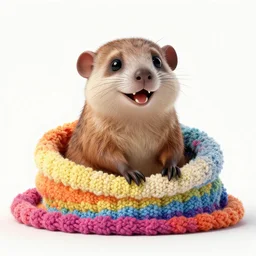 photo of grinning molerat sitting in colorful knitted towel
