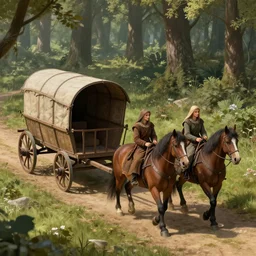 a detailed concept art of three medieval gipsies in a medieval caravan with two horses. in sherwood forest path. merchant wagon with a broken wheel. sunny day. shadows. faces. reparing wheel. wide angle. trending on artstation, craig mullins, gopro lens. centered composition. 1 8 mm lens.
