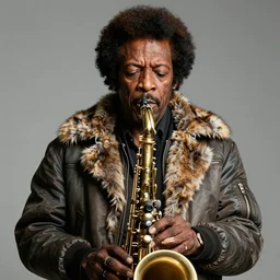 beautiful fantasy character portrait, miles davis, bitches brew, wearing puffy bomber jacket with fur, by malti klarwein