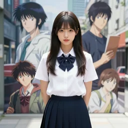a cute girl in school uniform standing in the city with her hands behind her back, really good looking face!!, realistic shaded perfect face, fine details, anime, realistic shaded lighting poster by ilya kuvshinov katsuhiro otomo ghost - in - the - shell, magali villeneuve, artgerm, jeremy lipkin and michael garmash and rob reyt