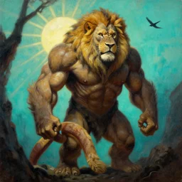 muscular lion barbarian gorilla  full body pose, sun rays , small bird sihouettes  in cyan background , very textured detailed  oil painting by rembrandt , hard backlight , in dark cave