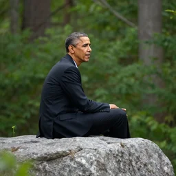 a photograph of barack obama sitting on a rock, forest environment, solo focus, hd, 3 0 mm,
