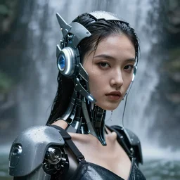 portrait photo of female dancer as a cyberpunk mecha humanoid robotic head shoulder parts with straight bright led lights, under a waterfall, wet skin with water dripping down face, ultra - realistic and detailed, 8 k