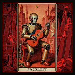 a baroque painting of a robot musician in a futuristic city, by hokusai and james gurney + black paper with intricate and vibrant red line work, tarot
