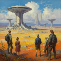retro scifi landscape, beautiful colours, sharp textures, nikolay georgiev, alex ross, bruce pennington, donato giancola, larry elmore, masterpiece, oils on canvas, trending on artstation, featured on pixiv, cinematic composition, sharp, details, hyper - detailed, hd, hdr, 4 k, 8 k