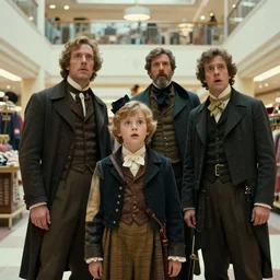 sharp, highly detailed, 8k film, 65mm film, high quality frame scan from a sci fi blockbuster color movie made in 2019, a family of four time travelers from 1860 travel in time to 2019, appearing in a shopping mall, looking surprised, the family are all wearing 1860s era clothes, good lighting, in focus, cinematic still, high quality scan, in focus, 35mm macro lens, oscar winner, award winning lighting, award winning photography