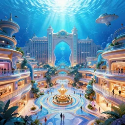camera photo portrait, interior huge clean architecture, bright blue, anime style digital art, royal atlantis underwater palace shopping mall, a lot of lights and people, magical fantasy and vibrant, olympics, trending on artstation