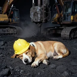 sleeping puppy wearing hard hat in dusty coal mine, drilling rig, photo from 1 9 9 8,