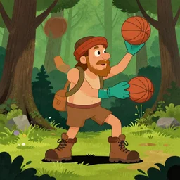 a hobbit wearing hiking boots and teal gloves playing basketball in a forest, artwork by beeple