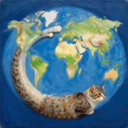 painting of a long bodied cat that encircled the world with its long body