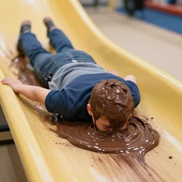 person sliding through chocolate pudding head first, slip n slide, stock photography, no watermark