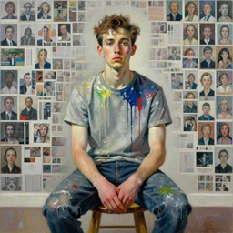 portrait of a young painter with creative block sitting on a stool, painted by vincent lefevre and hernan bas and pat steir and hilma af klint, psychological, symmetrical face, dripping paint, washy brush, background of hundreds of memories by andreas gursky, rendered in octane, altermodern, masterpiece
