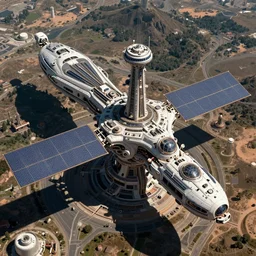 satellite view imagery of advanced alien civilisation with large public transport. Future punk. Extreme zoom, housed visible.