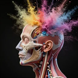 a human head explodes into a huge mass of coloured powder, motion blur, hyperrealistic, medical, intricate art photography, anatomically correct, realistic crisp textures, 1 6 k
