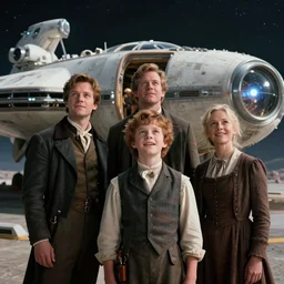 sharp, highly detailed, film from a blockbuster sci fi 4 k color movie, set in 1 8 6 0, family standing in front of a spaceship, on a alien planet, looking happy, wearing 1 8 5 0 s era clothes, atmospheric lighting, in focus, reflective eyes, 3 5 mm macro lens, live action, nice composition, good photography