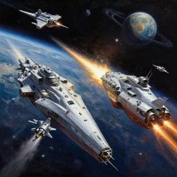 A highly detailed Sci-Fi concept art matte oil painting set in space  by Greg Rutkowski and Thomas Kinkade of an epic Space battle , Two massive capital ships firing at it each other ,while small fighter ships fly in formation ready to attack , planets and stars in the background , perspective .