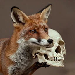 a fox holding a human skull, daguerrotype photograph, highly detailed, extreme closeup