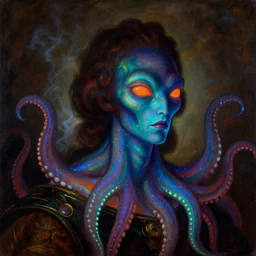 a baroque neoclassicist close - up portrait of a colorful retrofuturistic blacklight uv silhouette of an alien man with tentacles, glowing fog in the background. renaissance portrait painting. highly detailed science fiction painting by norman rockwell, frank frazetta, and syd mead. rich colors, high contrast, gloomy atmosphere, dark background. trending on artstation.