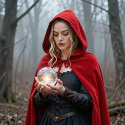 a detailed RPG portrait of Margot Robbie as the red riding hood, holding a glowing orb in her hands, in a barren winter forest by charlie bowater and escume, fog, octane render, artstation, 50mm lens