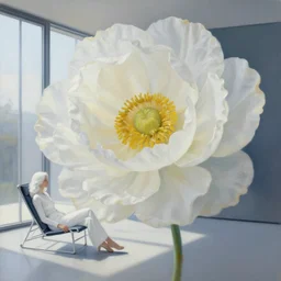 closeup, huge flower head, white woman sitting on lounge chair by a modern window, surreal photography, studio light, impressionist painting, digital painting, artstation, simon stalenhag