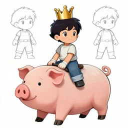 concept sketches of a young boy riding a wearing a gold crown riding a large pig by jamie hewlett, in the style of megaman