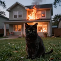 an adorably ominous sinister cat sitting in the yard of a two story home that is blazing on fire in the background behind the cat, real photo, evening