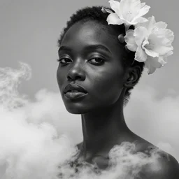 close - up fashion black - woman portrait airy flowers clouds art by vasnetsov
