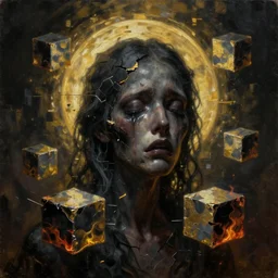 glitchy cubes, magic halo, broken soul, deep sickness oil paint, surrealist highly detailed at, ethereal, trending on art station, emotional surrealism oil painting, tears, crying, glitching squares, very very very very very beautiful and painful, aged damaged on edges, fire pain, black gold color scheme, cinematic lighting, black and gold colors