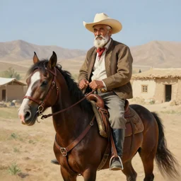 elderly kurdish cowboy riding a horse in a kurdish village, art by noah bradley, award winning art, extremely detailed, 8 k, high resolution