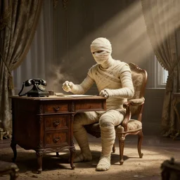 An extremely detailed render of a mummy, sitting at his Louis XIV desk, with very old curtains in the room. The desk has a 1880 phone on it. Dusty air, god rays, raytracing shadows, ambient occlusion, 8K, RTX 3090, trending on artstation, lumens