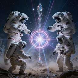 astronauts creating sigils to perform magick, photorealistic, technical, royo, frazetta, giger, leds, dust, laser light, crystalline shimmers, chaos, complexity, emergence,