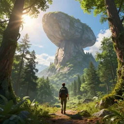 travels in magical old forest, beautiful sky and sun shine, giant flight rock on top of background, fantasy artwork, very beautiful scenery, hd, hdr, ue 5, ue 6, unreal engine 5, cinematic 4 k wallpaper, 8 k, ultra detailed, by popular digital, details, beautiful image ever created, high resolution, artstation, award winning, detailed body, realistic body proportions