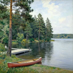pine tree lined lake with a canoe and a dock, viewed from the lake shore, by henri rousseau, full resolution