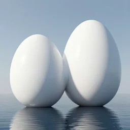 2 0 white egg shaped spheres intersect and merge in space to form a parametric building, designed by antti lovag on the calm water surface - w 7 6 8