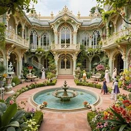 a beautiful intricate victorian garden, 4 k, ultra - wide angle, elagant, highly detailed, photorealistic, octane render, 8 k, unreal engine, by william turner, by victo ngai, by alphonse mucha, by miho hirano, by moebius, hd, trending on artstation, hyper detailed, intense colors