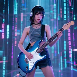 futuristic guitar girl holding lighting guitar behind a wall of matrix, cyberpunk in synthwave aesthetic, sci - fi, illustration by atey ghailan, by greg rutkowski, by greg tocchini, by james gilleard, by joe gb fenton, symmetrical features, royally decorated, organic, whirling gasses, colorful torn nebulas, radiant vibrant colors