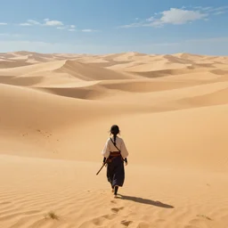 vast desert with a lone female samurai walking in the foreground, anime, hd, hdr, 4 k, 8 k