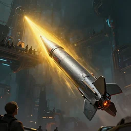 closeup of a futuristic missile system pointed towards the sky with a huge platform engineers watching, cyberpunk, moody, luminescent, rule of thirds, golden ratio, ambient lighting, syd mead, greg rutkowski, wlop, artgerm, artstation, highly detailed masterpiece