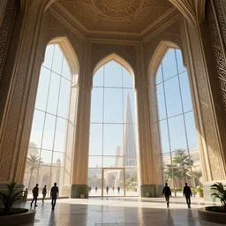 the inside of a monument with arabian motifs, by tim blandin and arthur haas and bruce pennington and john schoenherr, big windows architecture by zaha hadid, octane render, cinematic, scenery, cgsociety, modernism, futuristic, trending on artstation, sci - fi, high detail, high quality, close up angle, people walking