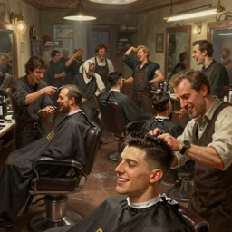 a barbershop crowded with customers laughing, fighting, talking, barbers cutting people's hair, people waiting their turn, a very lively barbershop, digital painting, artstation, concept art, donato giancola, Joseph Christian Leyendecker, WLOP, Boris Vallejo, Breathtaking, 8k resolution, extremely detailed, beautiful, establishing shot, artistic, hyperrealistic, octane render, cinematic lighting, dramatic lighting, masterpiece, light brazen, extremely detailed and beautiful face