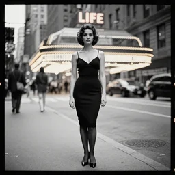analog film photography of a woman, hourglass figure, on madison avenue, new york city. by robert frank. life magazine, marquee lights glow in the background. ilford hp 4 0 0 iso, nikon ltm lens 3 5 mm lens, leica iii, symmetrical balance, in - frame