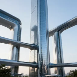 futuristic skyscraper architecture with connecting bridges, award winning, photorealistic, slick, smooth, modern, futuristic, glassy, reflective, streamlined