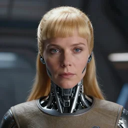 panorama of a very pretty blond borg queen on a borg ship, cybernetic implants, perfect face, symmetrical face, moody lighting, shallow depth of field,